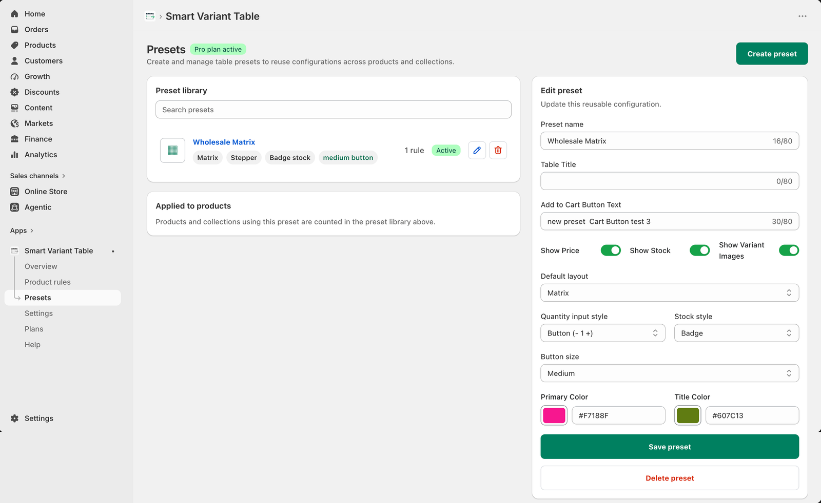 Smart Variant Table Pro preset editor with table title, button text, display toggles, layout, quantity style, stock style, and colors